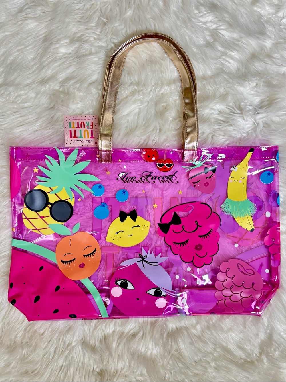 Too Faced Tutti Frutti Collection Tote Bag Limited Edition Clear Vinyl Fruit NWT